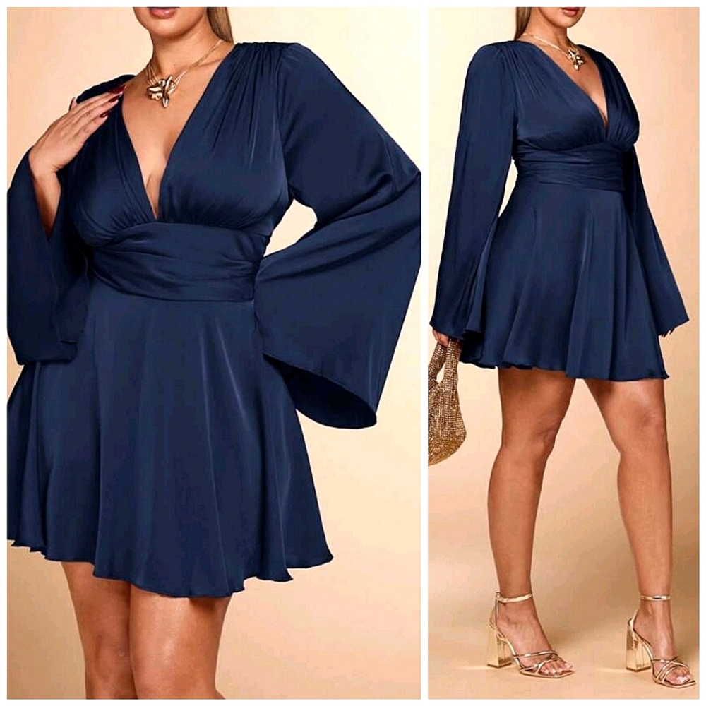 NEW Flowy Ruched Plunge Mini Dress PLUS Angel Long Sleeve Satin Navy Blue